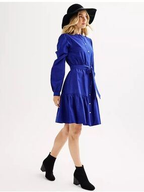 Draper James Blue Button-Front Long-Sleeve Belted Dress